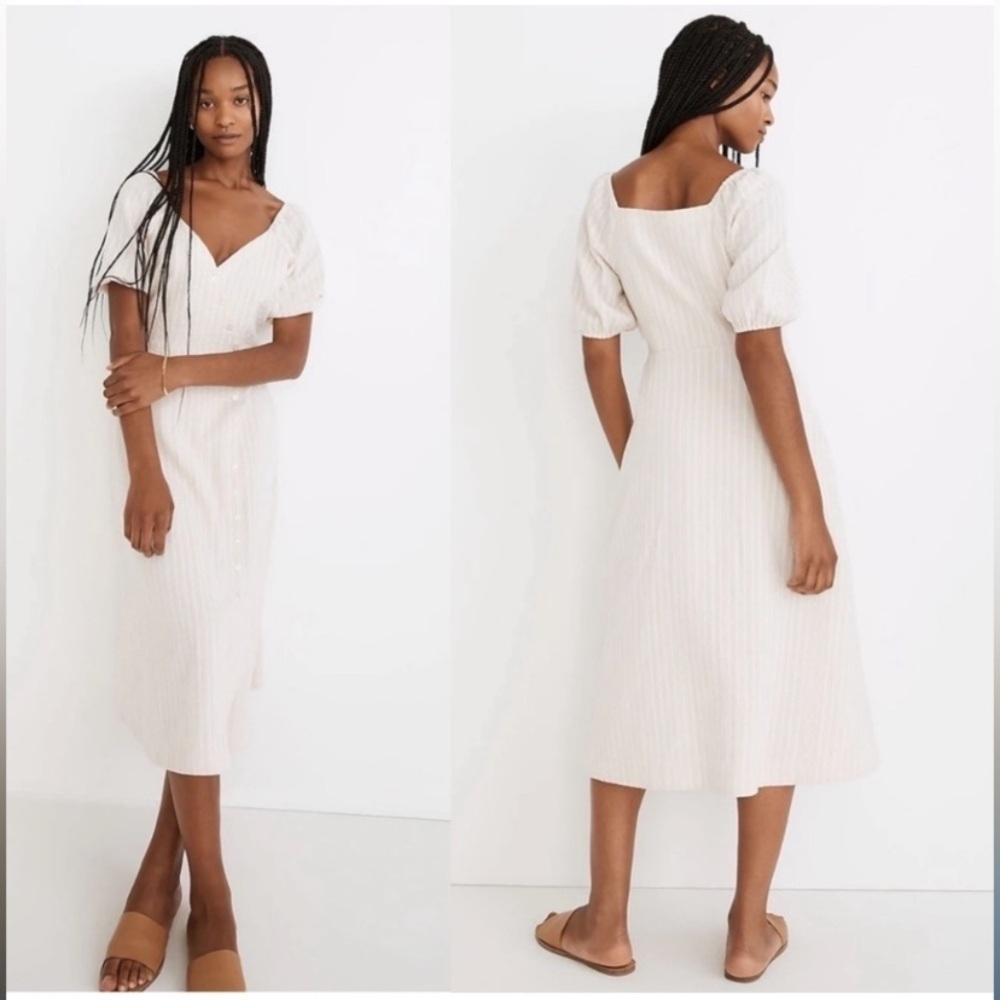 Madewell Puff-Sleeve Button-Wrap Midi Dress in Undyed Stripe Sz 14